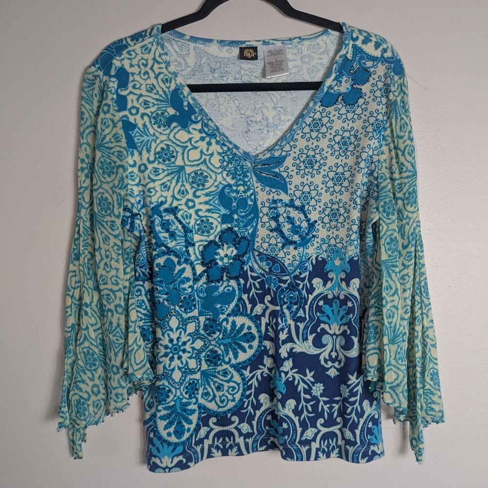 L Bila Boho Bell Split Sleeve Beaded Cotton Rayon Top